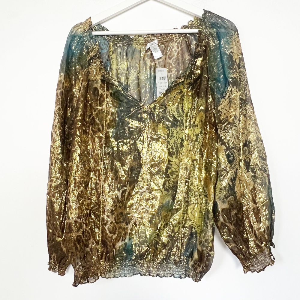 Cache Top Blouse Shirt L Large Sheer Gold Blue Brown Print Metallic Silk Vintage